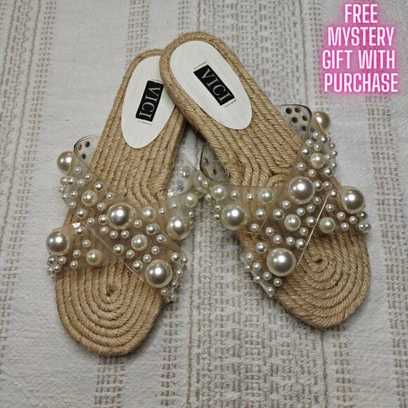 ✨ VICI Beaded Pearl Jute Sandals – Women’s Size 7.5 - Picture 1 of 4